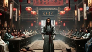 DALL·E 2024-04-19 00.57.09 – A dramatic scene inside an ancient Chinese temple hall, transformed into a council room. The hall is adorned with traditional Chinese decor, featuring